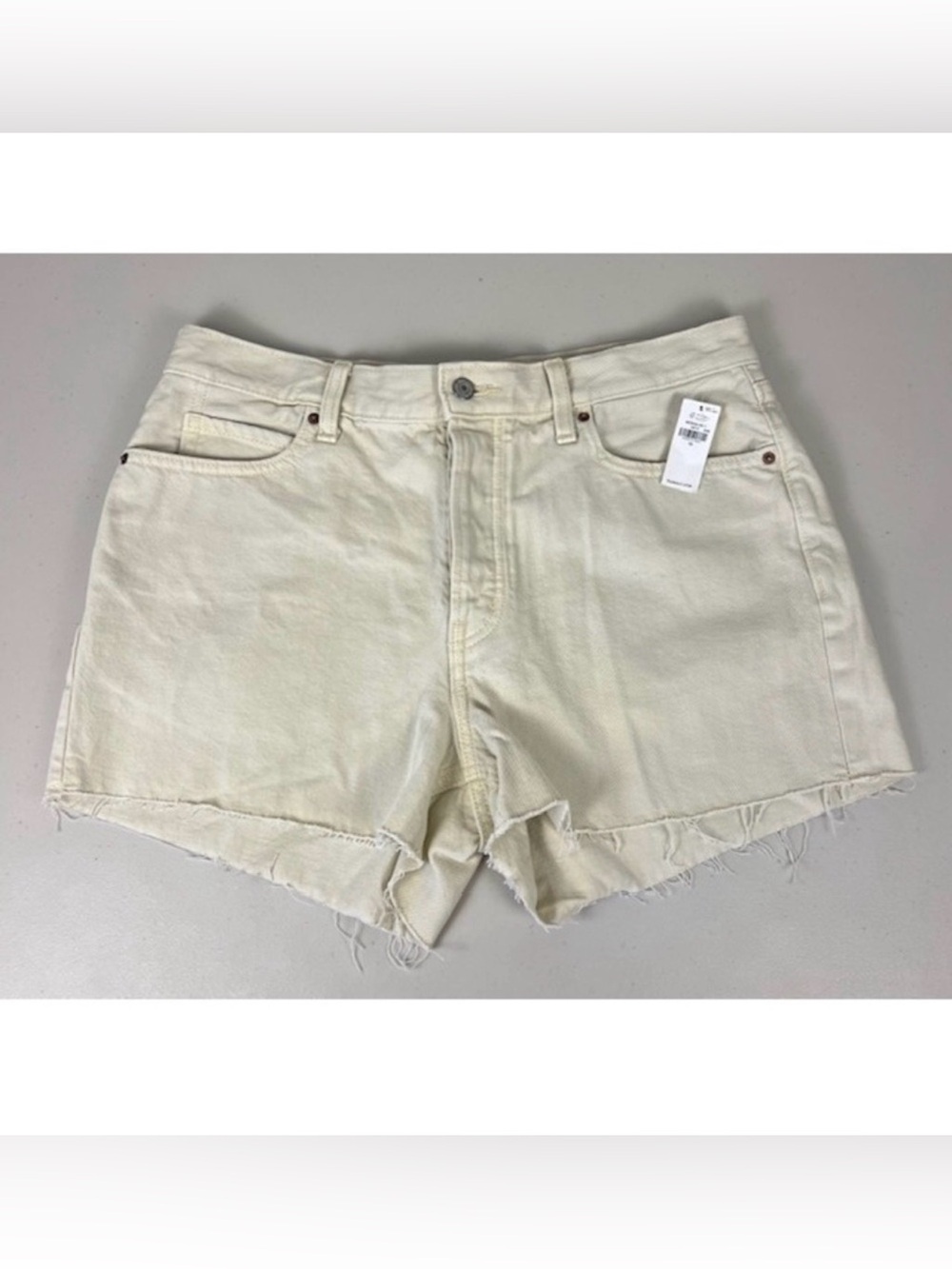 Old Navy High-Rise Slouchy Straight Denim Shorts Cream Off-White Raw‎ Hem 12 NEW
